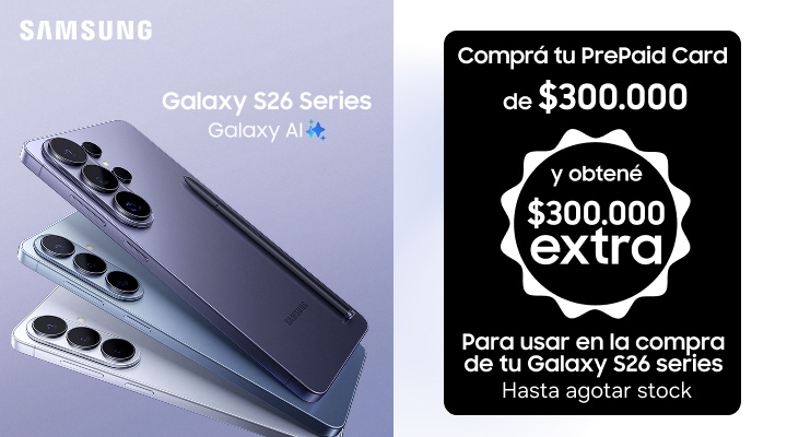 Comprá tu PrePaid Card y obtené un beneficio extra para usar en la compra de tu galaxy s26 series.