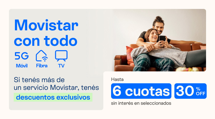 Paga menos por tu celu. Si tenés más de un servicio Movistar, tenés descuentos exclusivos. hasta 30% de descuento y hasta 6 cuotas sin interés.