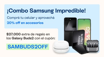 Con Compra tu celu y aprovechá un 20% off en accesorios. 27.000 extra de regalo en Galaxy Buds2 con el cupon SAMBUFS2OFF