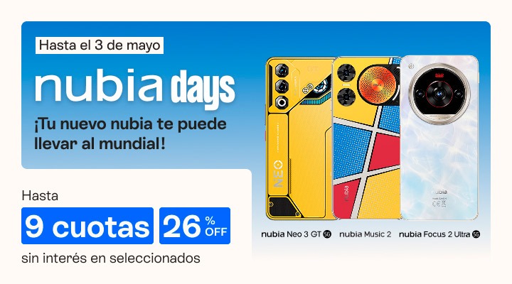 Tu nuevo nuebia te puede llevar al mundial. Hasta el 3 mayo. Hasta 9 cuotas sin interes y hasta 26 porciento de descuento en celus seleccionados.