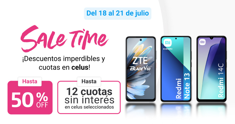 Aprovechá Sale Time hasta 50% de descuento y hasta 12 cuotas sin interés en celus seleccionados.