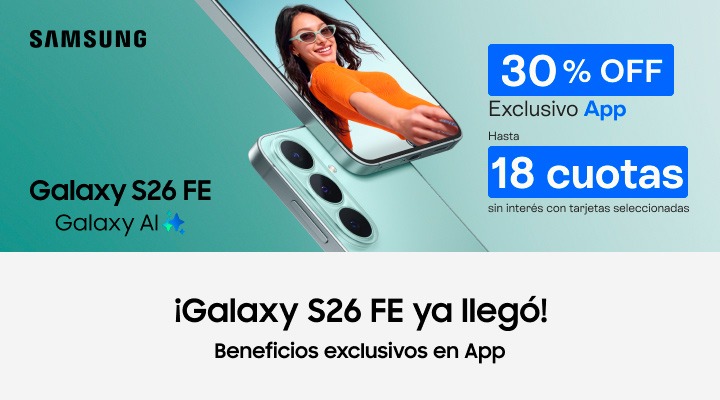 Galaxy S26 FE ya llegó. Desde la app accedés a beneficios exclusivos: 20 porciento de descuento y hasta 18 cuotas sin interés