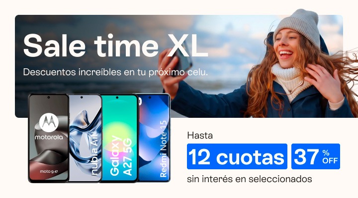 Sale time. Descuentos increíbles en tu próximo celu. Hasta 37 porciento de descuento. Llevalo en hasta 12 cuotas en tu factura