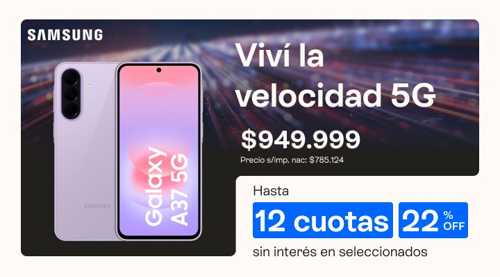 Viví la experiencia 5G. Llevá el Samsung A37 con un 22 porciento de descuento y en hasta 12 cuotas sin interés.
