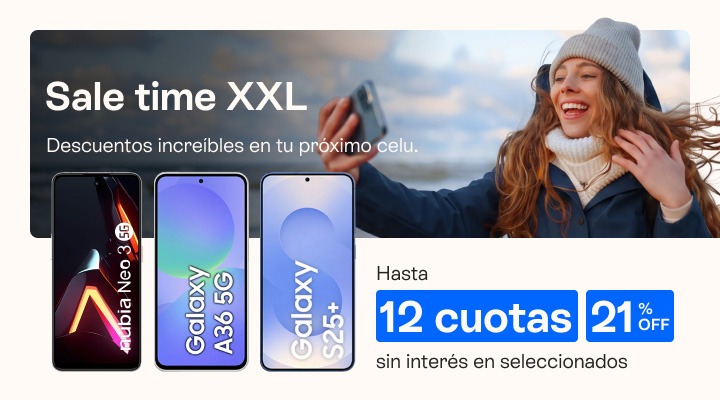 Sale Time XXL, descuentos increibles en tu próximo celu, hasta 35 porciento de descuento y hasta 12 cuotas sin interés en seleccionados 